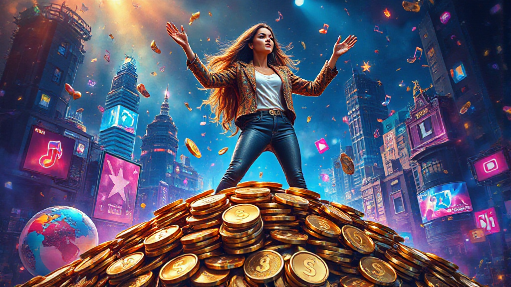 A woman stands on a pile of gold coins with arms raised, surrounded by floating coins, in a vibrant cityscape with digital screens and billboards.