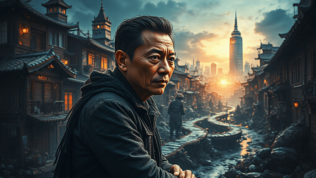 A person stands in a historic street at sunset, with traditional buildings on either side and a modern city skyline in the background.