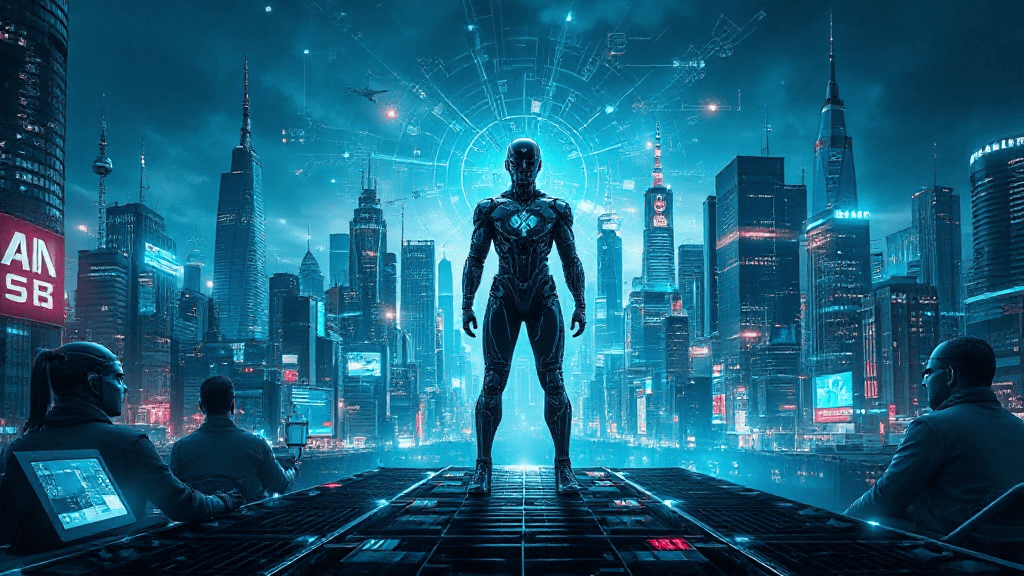 A humanoid robot stands on a futuristic platform with neon-lit skyscrapers in the background, surrounded by people using digital devices.