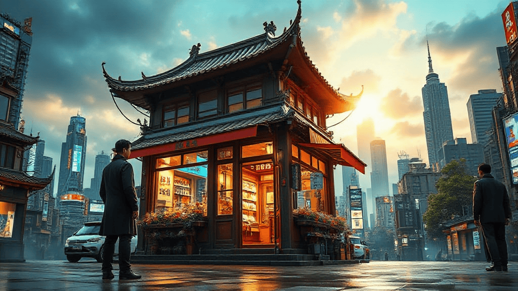 A traditional Chinese pavilion-style shop stands in a modern cityscape at sunrise, with people walking nearby.