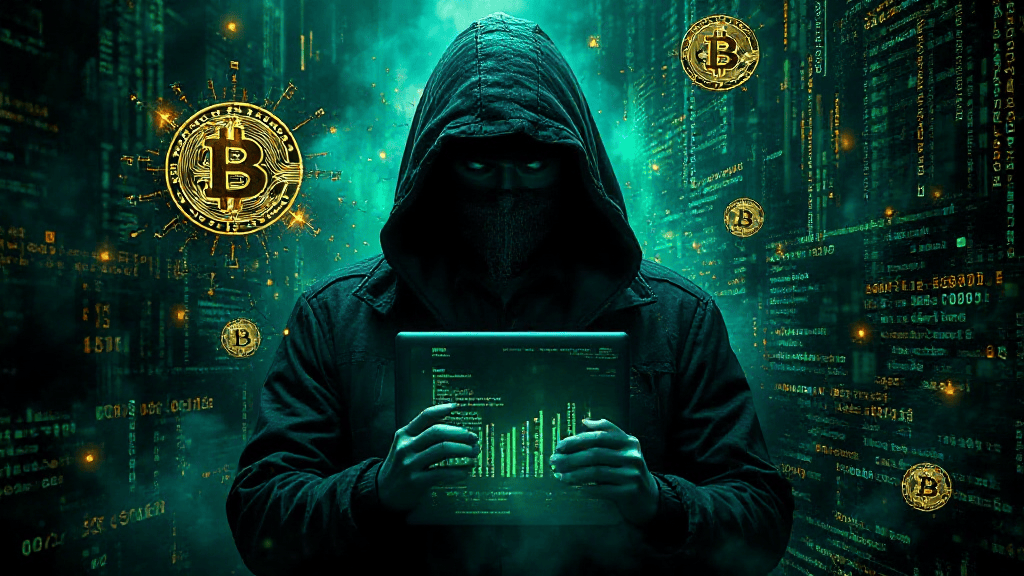 A hooded figure in a dark jacket holds a tablet displaying data. Green digital codes and Bitcoin symbols float in the background, creating a hacker-themed atmosphere.