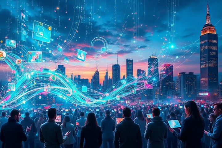 People holding devices in front of a city skyline at sunset, with digital streams and icons flowing through the sky, symbolizing connectivity.