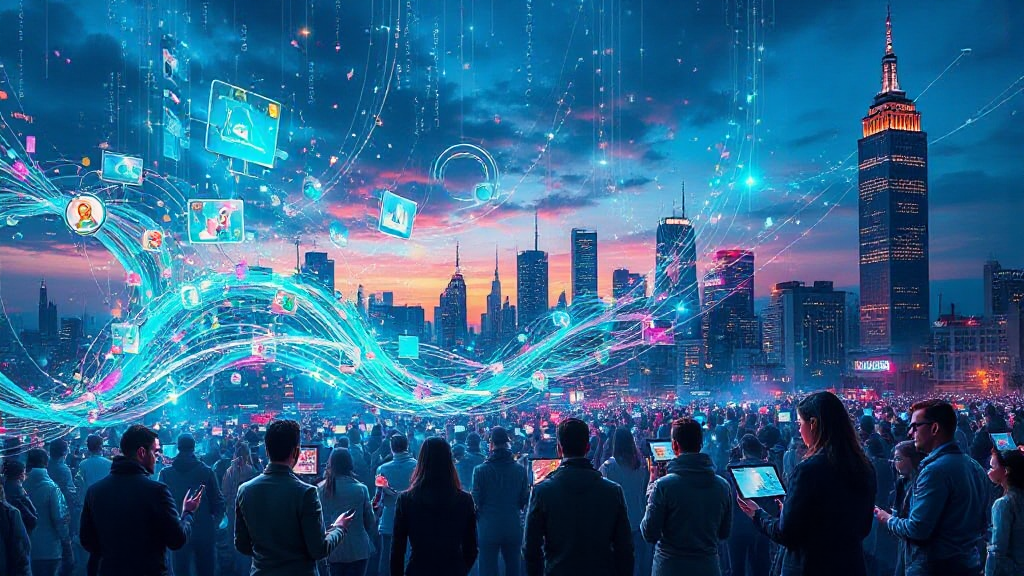 People holding devices in front of a city skyline at sunset, with digital streams and icons flowing through the sky, symbolizing connectivity.