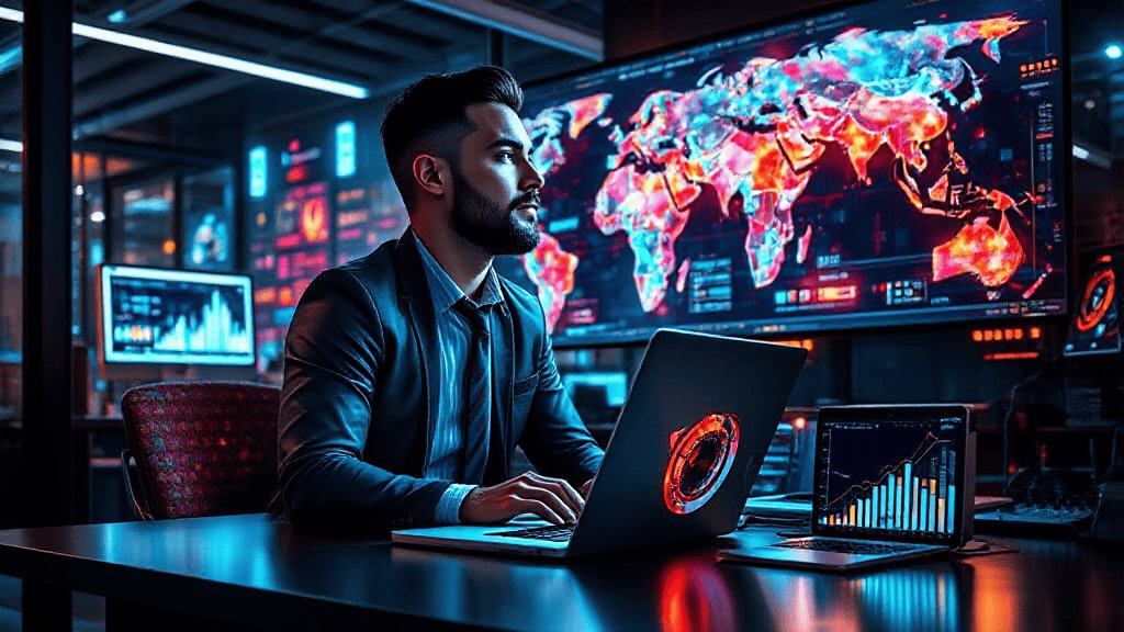 Man in a suit using a laptop at a desk in a high-tech room with large screens displaying world maps and data visualizations.