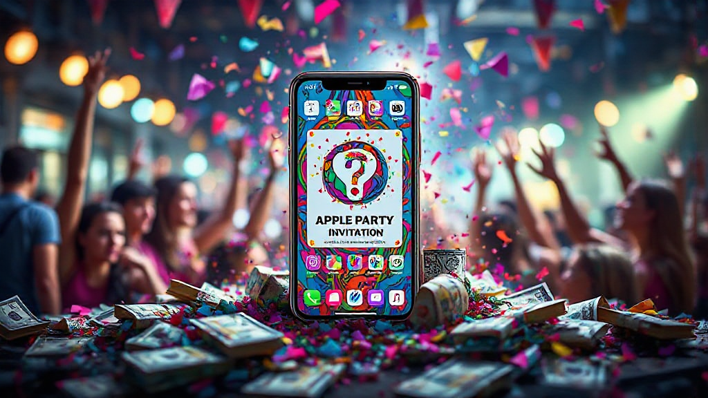 Smartphone displays "Apple Party Invitation" amidst confetti, dollar bills, and a lively crowd with raised hands in the background.