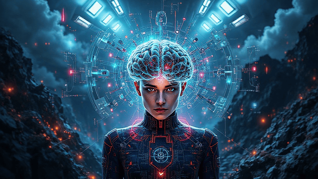Young person stands with digital circuitry overlay and glowing brain, set against a futuristic technological background.