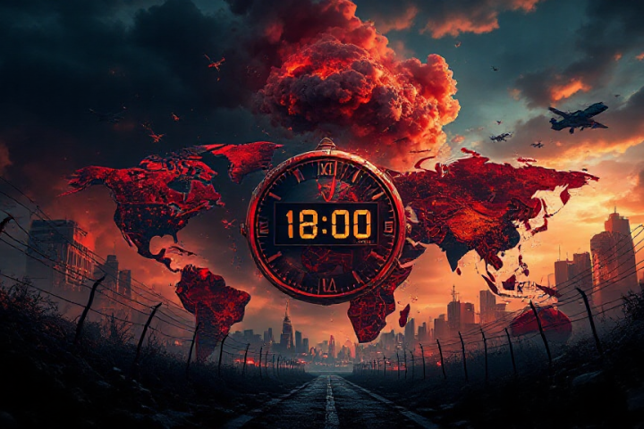 A digital clock displaying 18:00 is superimposed over a fiery world map. The background features a dystopian cityscape with smoky skies and barbed wire fences.