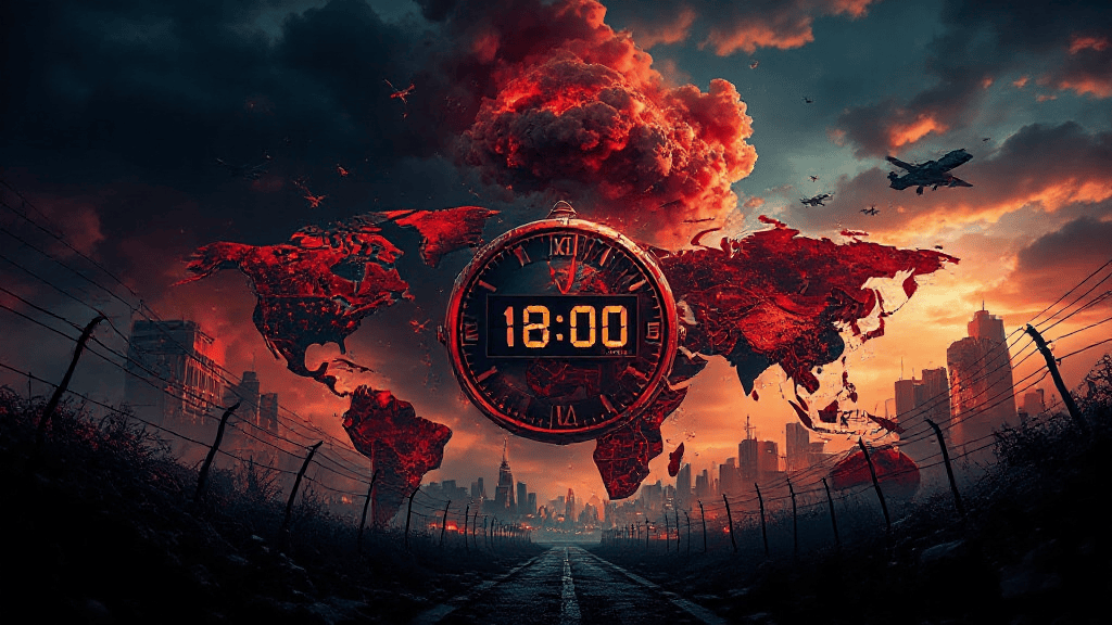 A digital clock displaying 18:00 is superimposed over a fiery world map. The background features a dystopian cityscape with smoky skies and barbed wire fences.