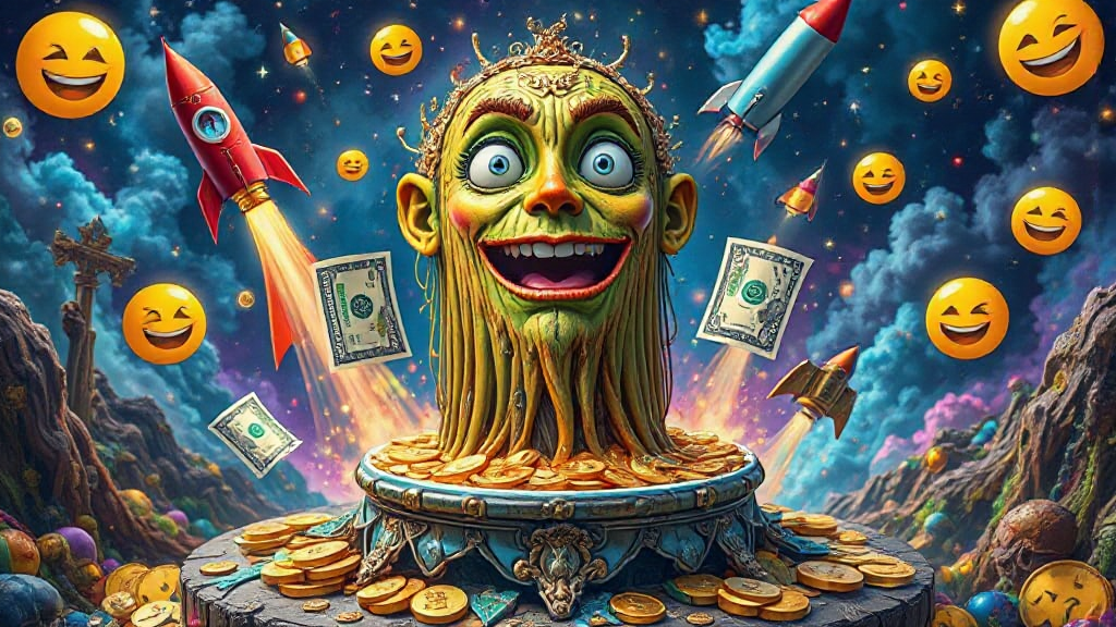 A surreal scene with an expressive head on a pedestal surrounded by gold coins, rockets, dollar bills, and smiling emoji faces against a cosmic background.