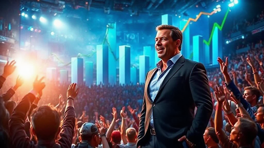 A man in a suit stands confidently in front of cheering crowd with graphs and upward trends displayed in the background.