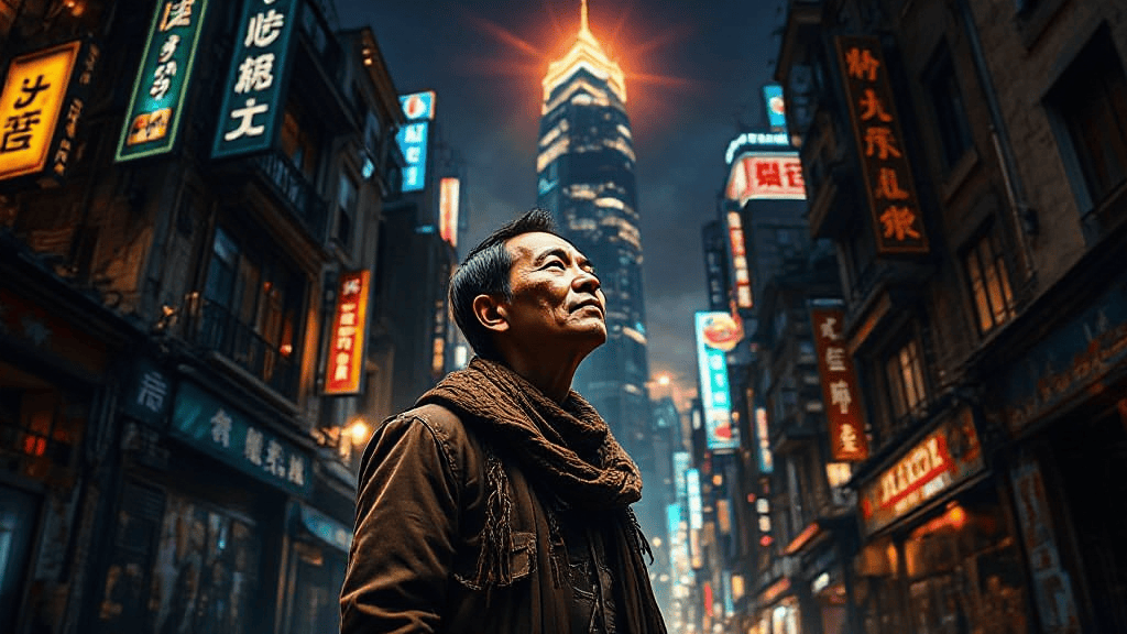 A man looking up in a brightly lit city street at night, surrounded by buildings with illuminated signs, with a tall, pointed skyscraper in the background.