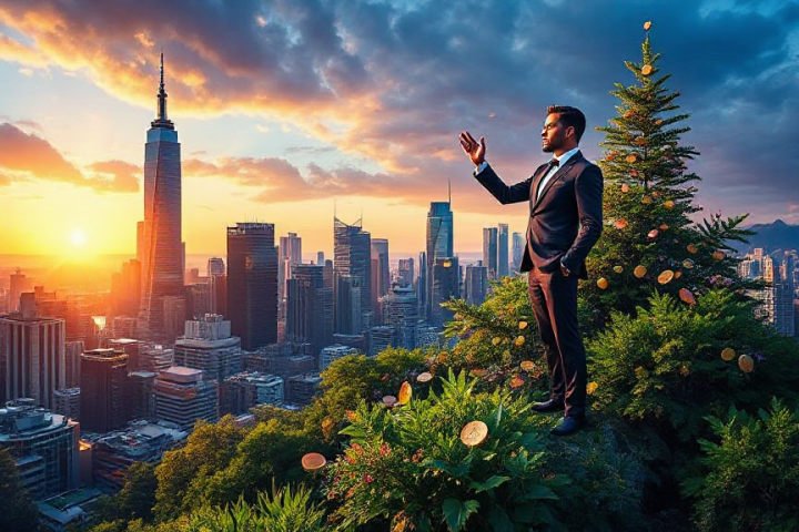 A man in a suit stands on a hill overlooking a city skyline at sunset, surrounded by greenery and illuminated coins.