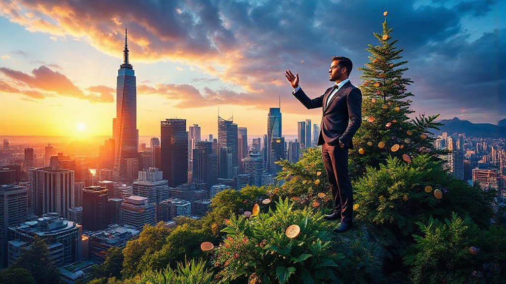A man in a suit stands on a hill overlooking a city skyline at sunset, surrounded by greenery and illuminated coins.