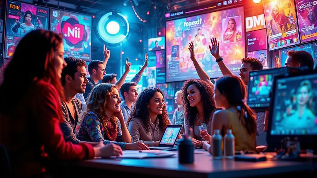 A group of people in a colorful room, engaged in discussion around a table with laptops and digital screens in the background. Some people are raising their hands.