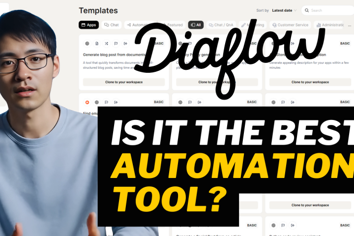A person in a blue shirt is in front of a screen displaying the Diaflow interface. There's text overlay: "IS IT THE BEST AUTOMATION TOOL?.