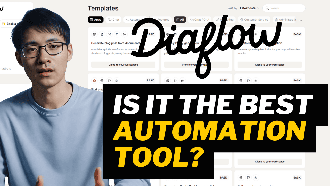 A person in a blue shirt is in front of a screen displaying the Diaflow interface. There's text overlay: "IS IT THE BEST AUTOMATION TOOL?.