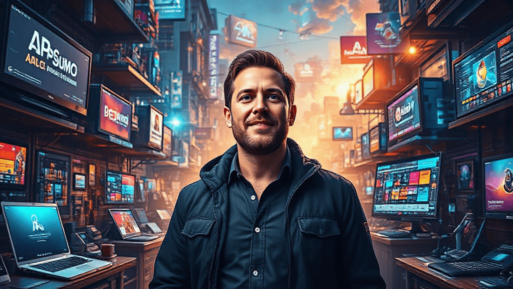 A man stands in a tech-filled setting with multiple screens displaying various digital content around him and a vibrant, colorful background.