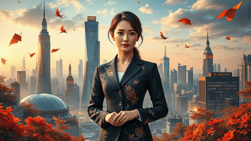 A woman in a dark floral blazer stands in front of a city skyline with skyscrapers. Autumn leaves are falling around her. The sky is clear with some scattered clouds.