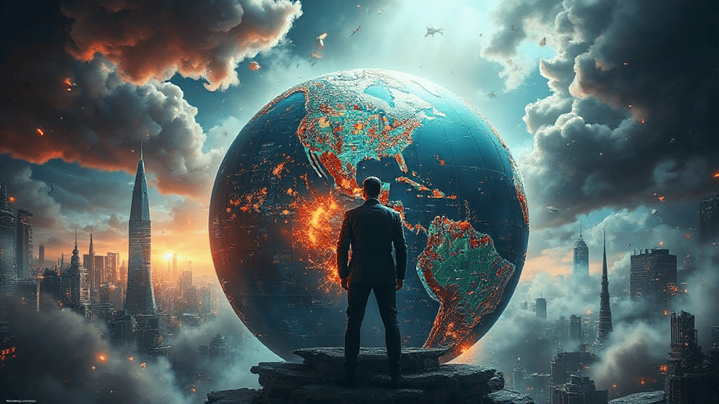 A person in a suit stands on a rock, looking at a large glowing globe surrounded by dramatic clouds and futuristic cityscape.