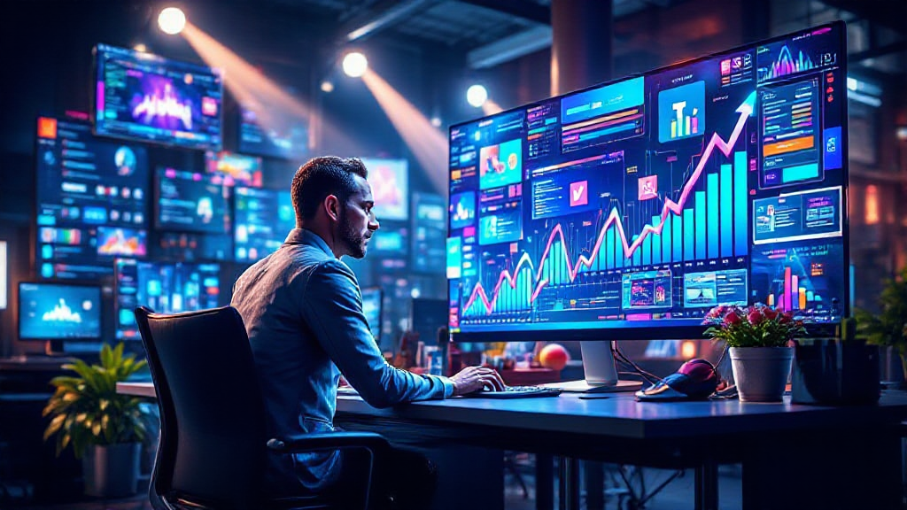 A person sits at a desk analyzing multiple colorful charts and graphs on a large computer screen in a modern office with more displays in the background.