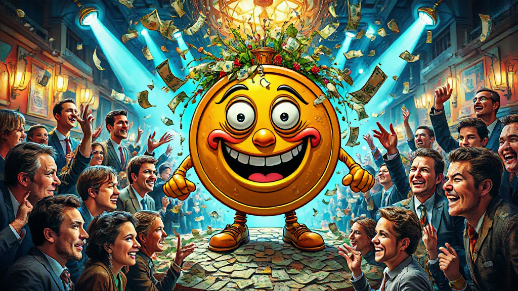 A large, smiling coin character stands on money in a crowded room, surrounded by cheering people. Dollar bills and small lights hang from above, and the atmosphere is festive and lively.