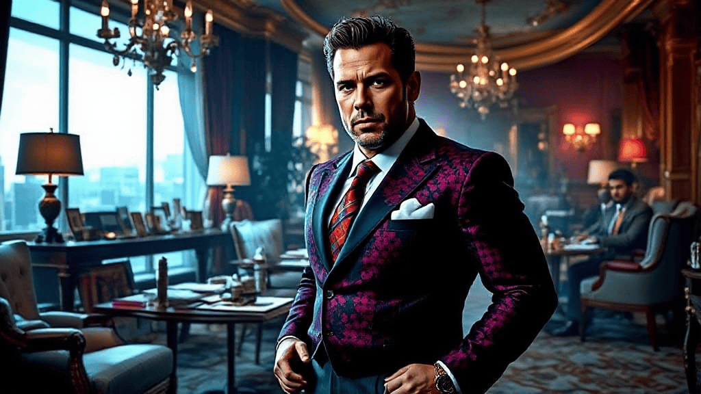 A man in a patterned suit stands confidently in an elegantly furnished office with chandeliers, large windows, and a city view. Another person sits at a desk in the background.