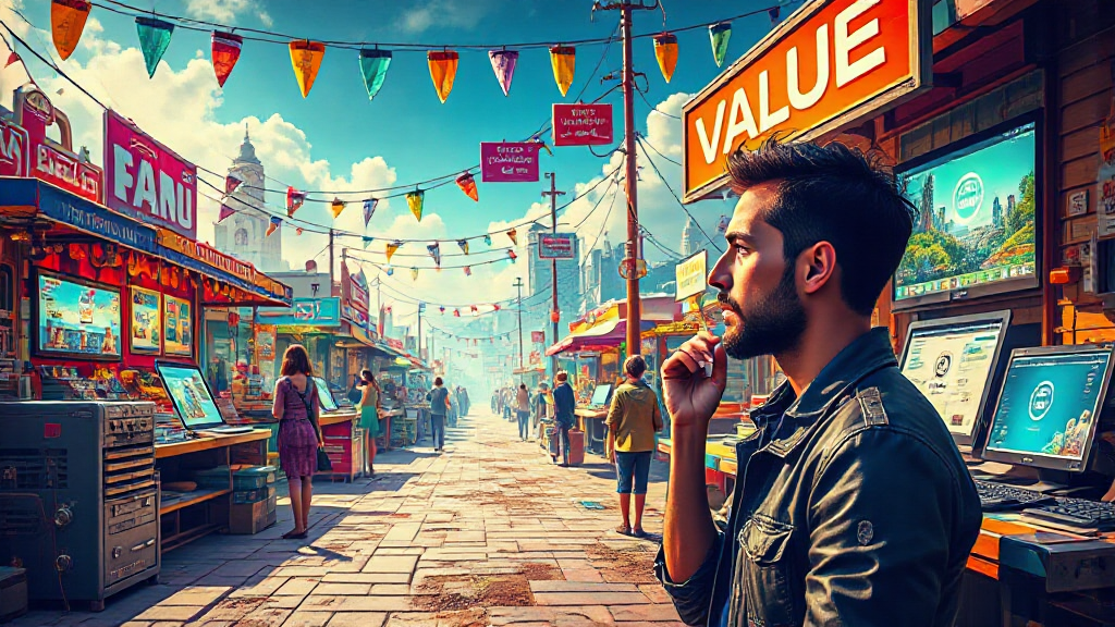 A person in a bustling street market examines kiosks with vibrant signs and computer screens under a clear sky, surrounded by colorful flags.