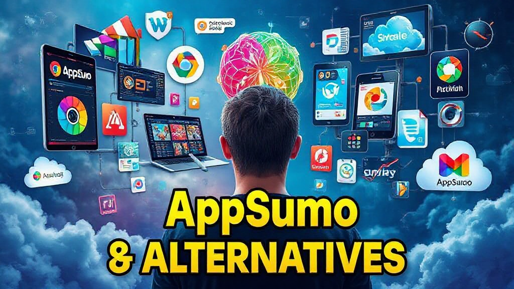 A person faces screens displaying various software logos and apps, with a central text reading "AppSumo & Alternatives.