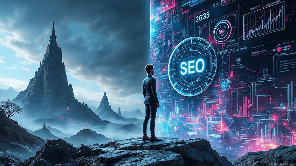 A person stands on a rocky terrain, looking at a futuristic digital screen with charts and the word "SEO" displayed. Towering mountains rise in the misty background.