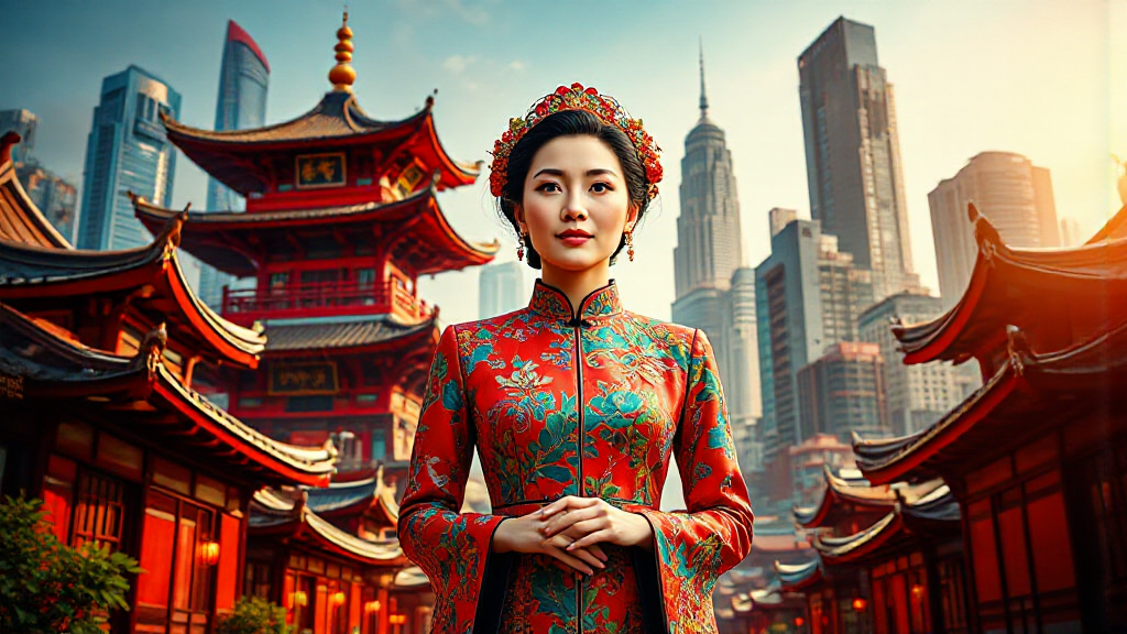 A woman in traditional red and gold attire stands in front of pagoda-style buildings with modern skyscrapers in the background under a clear sky.
