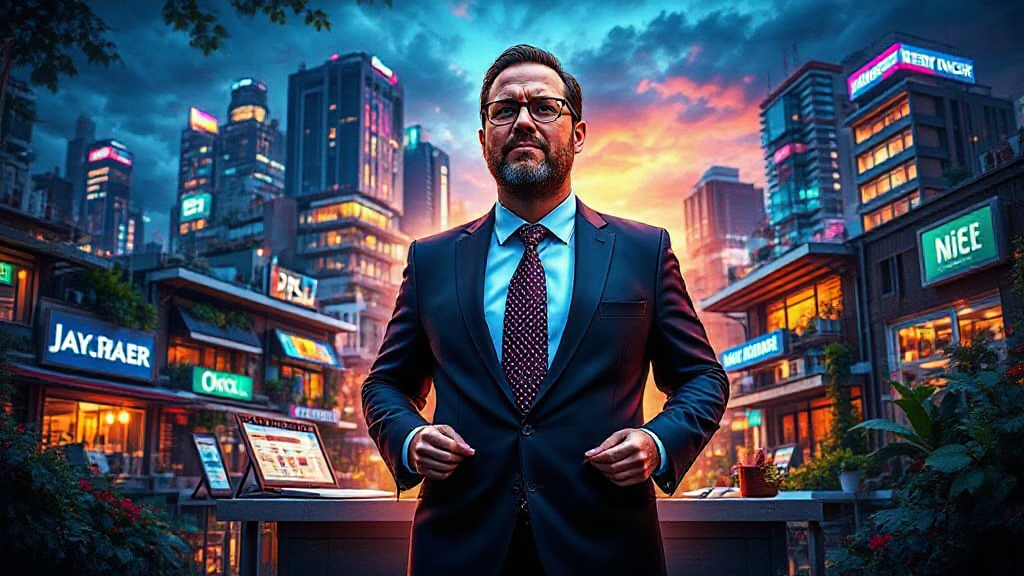 A man in a suit stands confidently in front of a futuristic cityscape at sunset, surrounded by illuminated digital billboards.