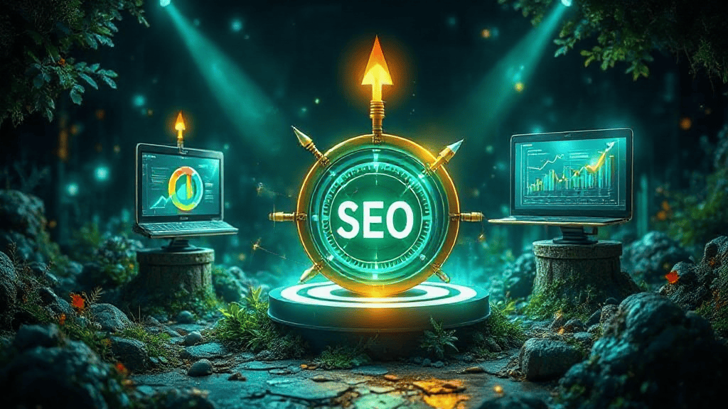 Futuristic illustration of SEO concept. A compass with "SEO" in the center is flanked by two laptops displaying analytics graphs, set in a forest environment with light beams.