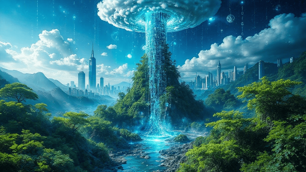 A futuristic cityscape blends with nature, featuring a digital waterfall pouring from a cloud onto lush greenery, with tall skyscrapers in the background.