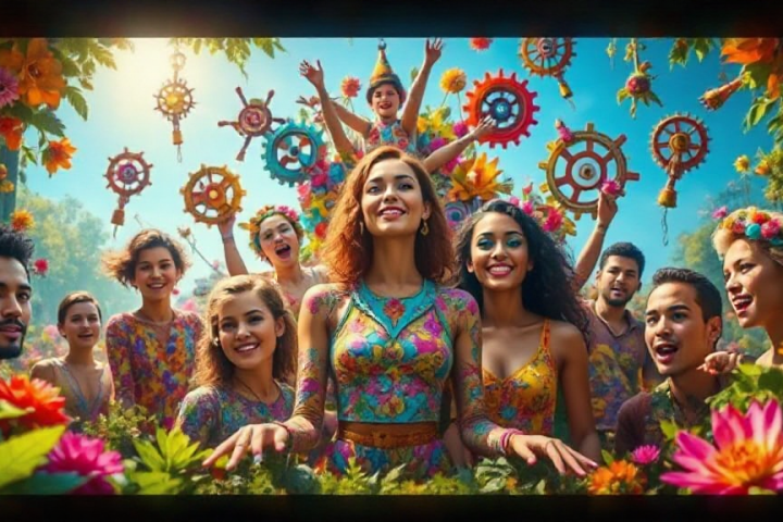 A group of people in colorful floral outfits stand and smile amid vibrant flowers. They are outdoors with decorative gears in the background and appear joyful.
