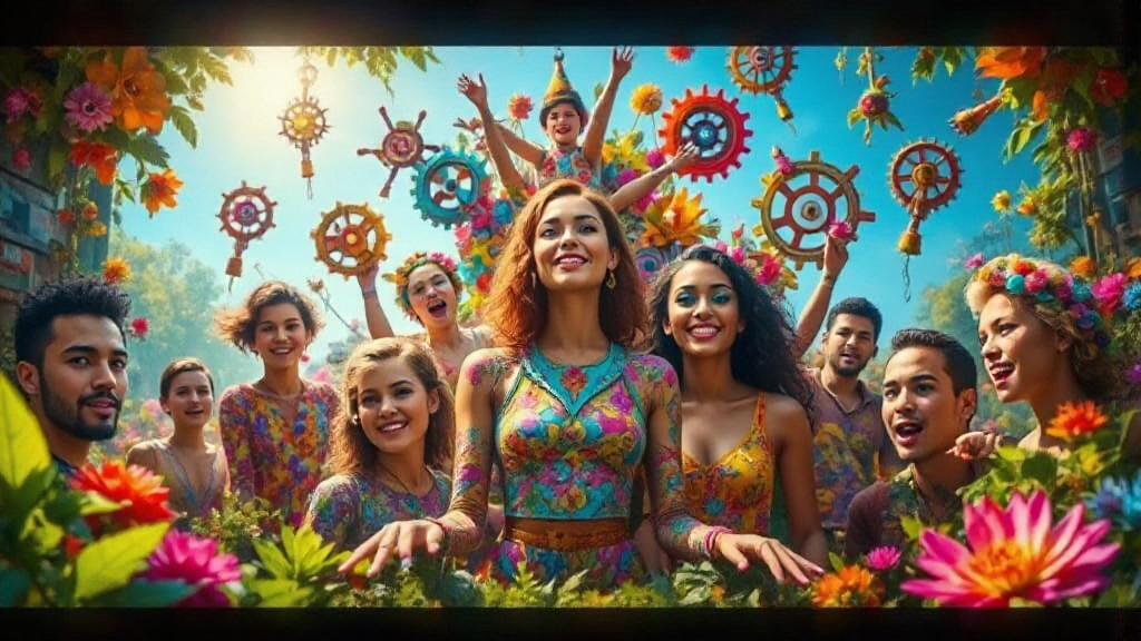 A group of people in colorful floral outfits stand and smile amid vibrant flowers. They are outdoors with decorative gears in the background and appear joyful.