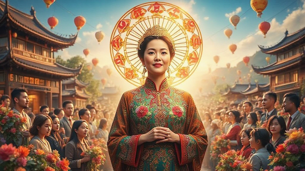 Woman in ornate dress stands smiling in a vibrant traditional festival, with people holding flowers and red lanterns in the background. A decorative halo-like design is behind her.