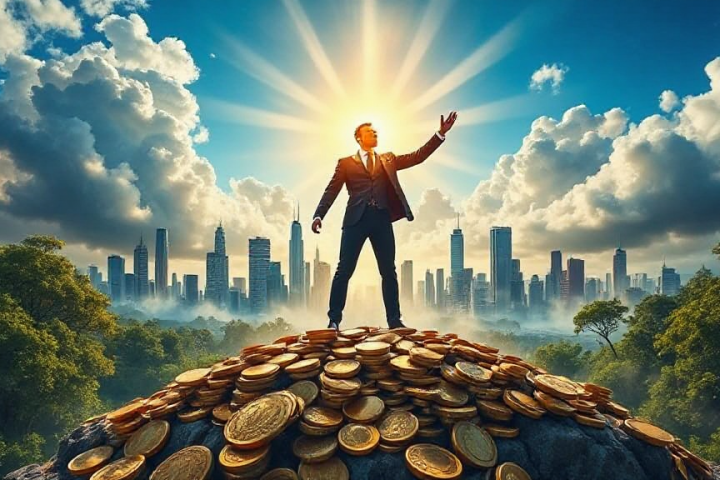 A person in a suit stands atop a pile of gold coins with a cityscape and dramatic sky in the background.