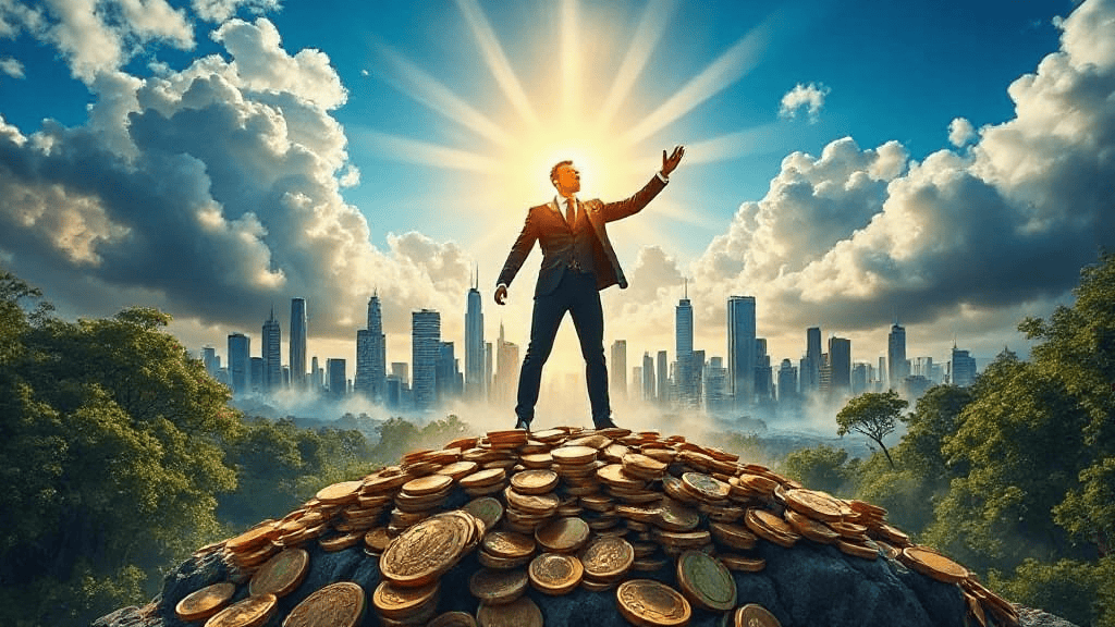 A person in a suit stands atop a pile of gold coins with a cityscape and dramatic sky in the background.