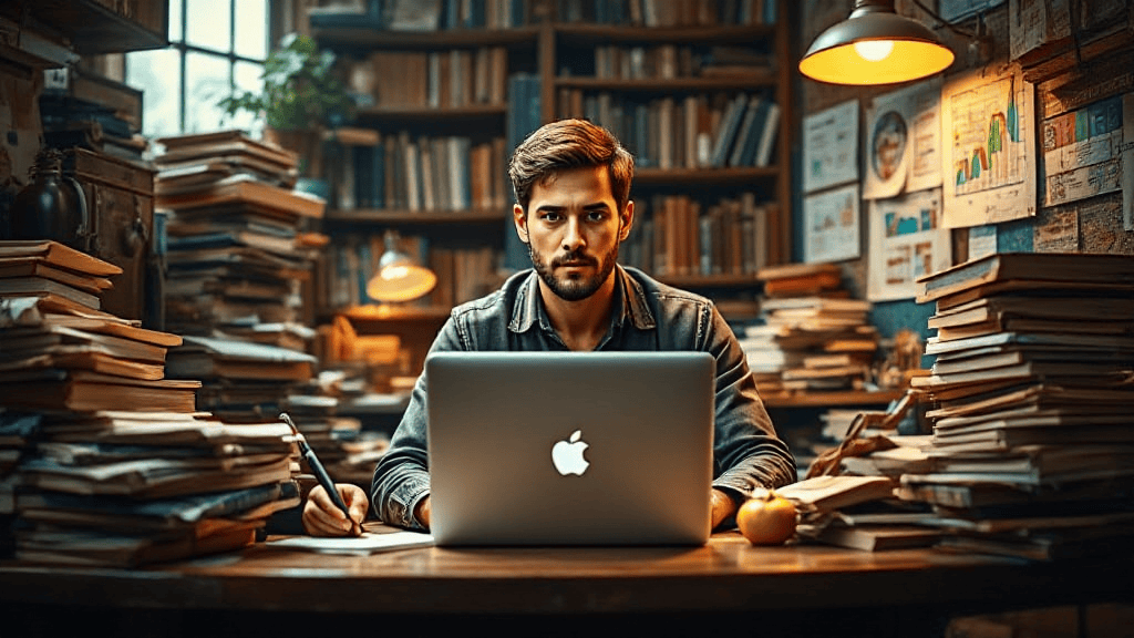 Man working on a laptop at a cluttered desk surrounded by stacks of books in a library with warm lighting and charts on the wall.