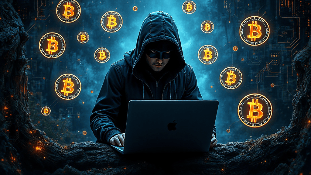A person in a hooded jacket and mask using a laptop, surrounded by floating Bitcoin symbols in a digital-themed environment.