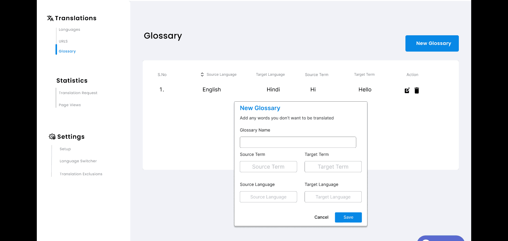 Screenshot of a translation app interface showing a glossary setup. The screen includes sections for language selection, statistics, settings, and a glossary entry for English and Hindi.