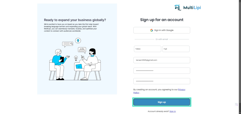 Two people discussing business on the left. On the right, a sign-up form for "MultiLipi" with Google or email options and a "Sign up" button.