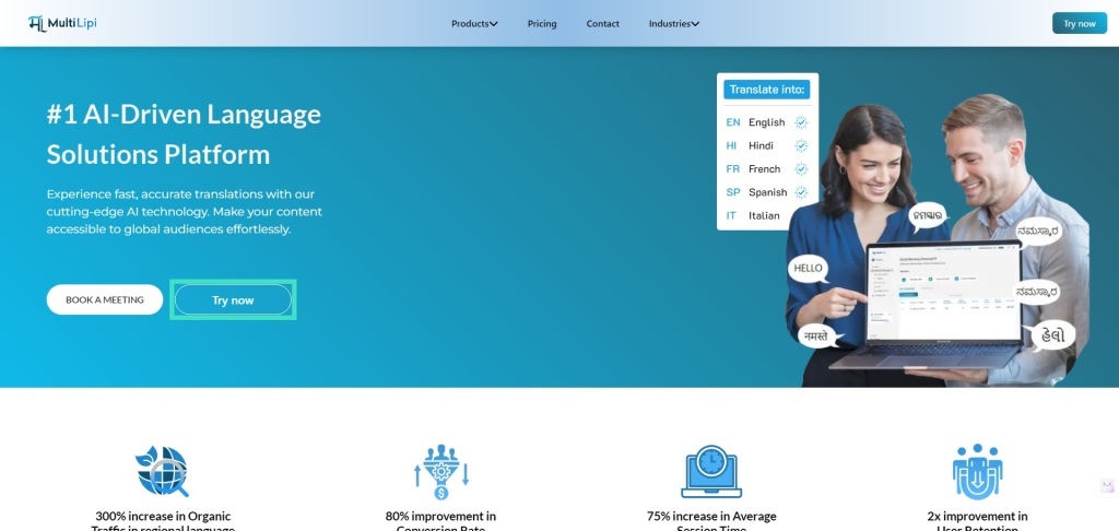 A man and woman use a laptop on a website for an AI-driven language solutions platform, displaying translation options on a blue background.