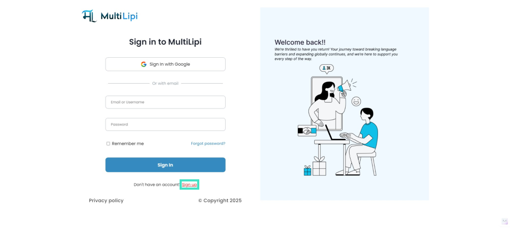 Login page for MultiLipi with options to sign in using Google or email. Includes fields for username, password, and sign-up link. Illustration of two people near a laptop on the right.