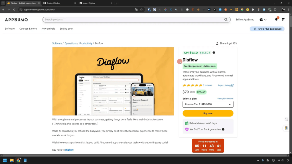A webpage showing an AppSumo promotion for Diagflow, featuring laptop and phone screens displaying the software interface. Sale price is $79. Offer ends soon.