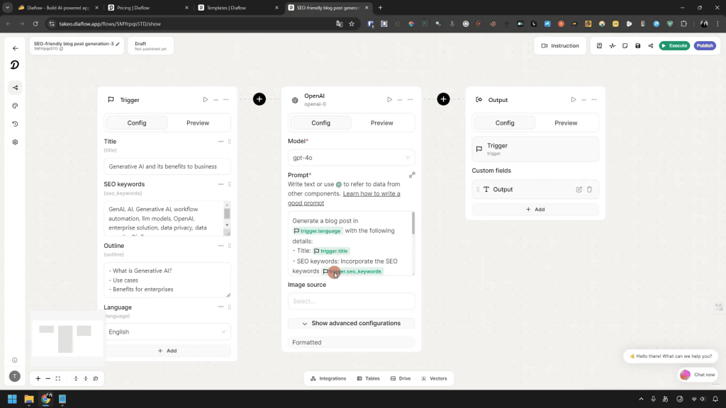 Screenshot of a workflow automation tool interface with sections labeled "Trigger," "OpenAI," and "Output," containing editable fields and options for configurations and prompts.