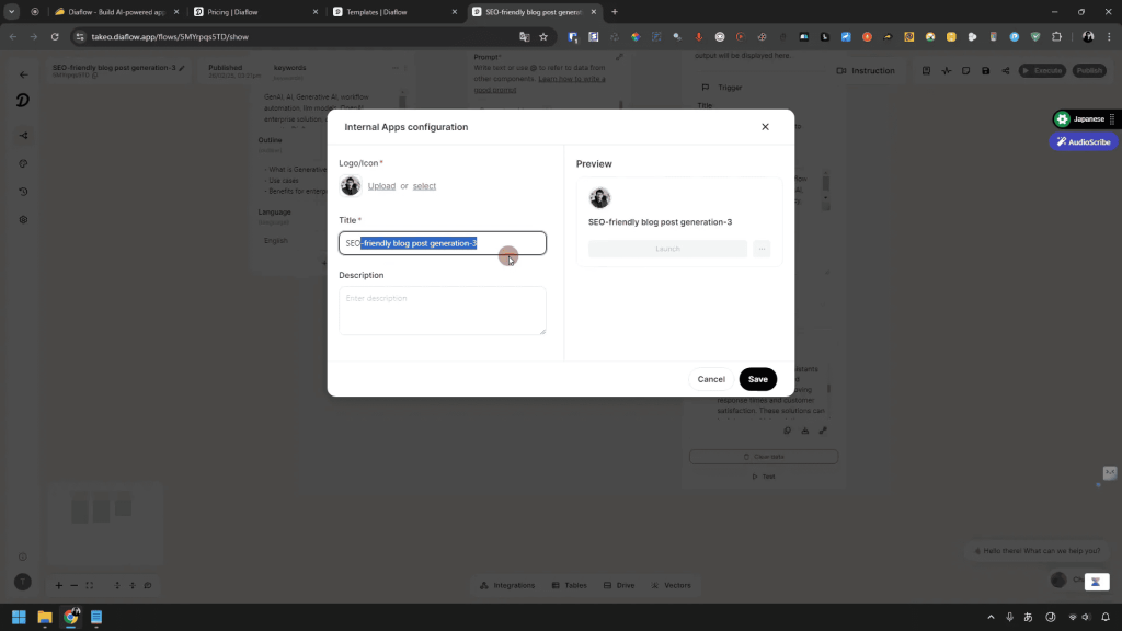 Screenshot of a software interface displaying an "Internal Apps Configuration" dialog box with a focus on editing a title labeled "SEO-friendly blog post generation.