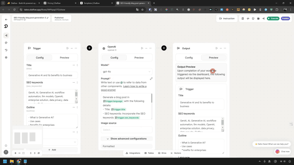 Screenshot of a workflow automation interface with three panes titled Trigger, OpenAI, and Output. Each pane contains various configuration and preview options.