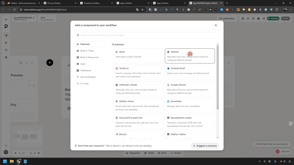 A desktop screen showing an automation tool interface with options to add components like Slack, OpenAI, and Outlook Email. The "OpenAI" option is highlighted with a cursor pointing at it.
