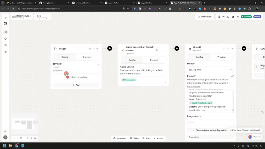 Screenshot of an online automation workflow interface showing a trigger window, an audio transcription window, and an OpenAI window on a canvas. Browser tabs and bookmarks are visible above.